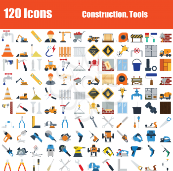 Set of 120 Icons. Construction and Tools  themes. Color Flat Design. Vector Illustration.