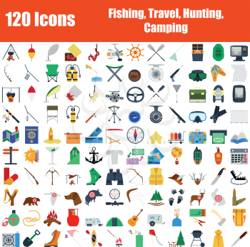 Set of 120 icons. Fishing, Travel, Hunting, Camping themes. Color Flat Design. Vector Illustration.