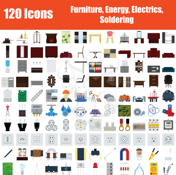 Set of 120 Icons. Furniture, Energy, Electrics, Soldering themes. Color Flat Design. Vector Illustration.