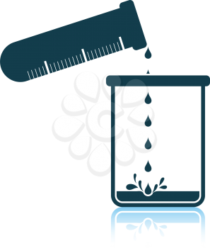 Icon of chemistry beaker pour liquid in flask. Shadow reflection design. Vector illustration.