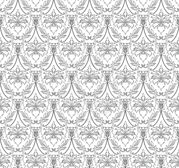 Damask Seamless Pattern. Elegant Outline  Design in Royal Baroque Style Background Texture. Floral and Swirl Element. Ideal for Textile Print and Wallpapers.Vector Illustration.