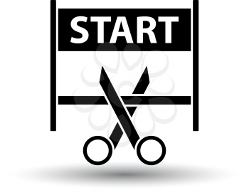 Scissors Cutting Tape Between Start Gate Icon. Black on White Background With Shadow. Vector Illustration.