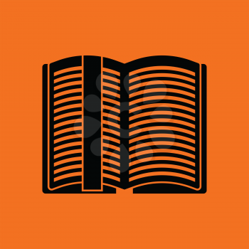 Open book with bookmark icon. Orange background with black. Vector illustration.