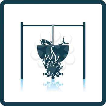 Icon of fire and fishing pot on gray background, round shadow. Shadow reflection design. Vector illustration.