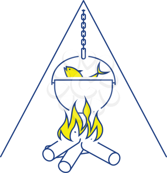 Icon of fire and fishing pot. Thin line design. Vector illustration.