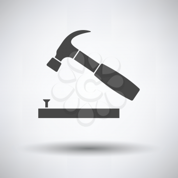 Icon of hammer beat to nail on gray background, round shadow. Vector illustration.
