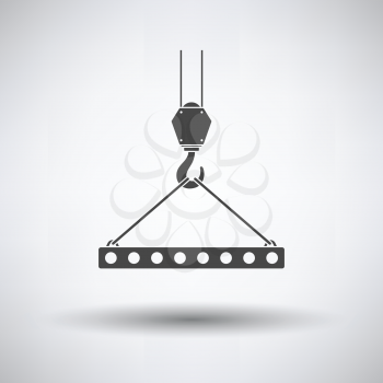 Icon of slab hanged on crane hook by rope slings  on gray background, round shadow. Vector illustration.