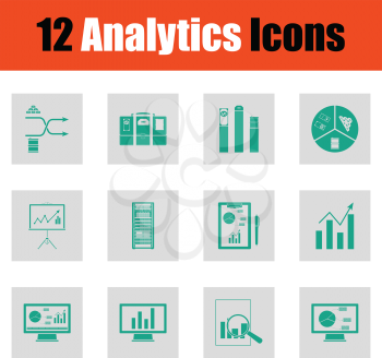 Analytics icon set. Green on gray design. Vector illustration.