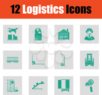 Logistics icon set. Green on gray design. Vector illustration.