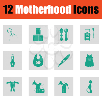 Motherhood icon set. Green on gray design. Vector illustration.
