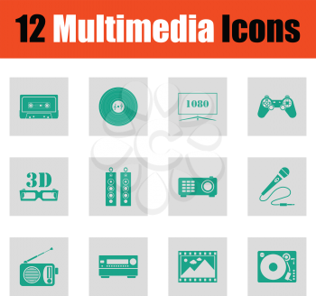 Set of multimedia icons. Green on gray design. Vector illustration.