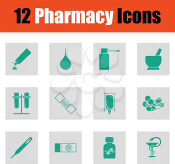 Set of twelve pharmacy icons. Green on gray design. Vector illustration.