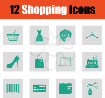 Shopping icon set. Green on gray design. Vector illustration.