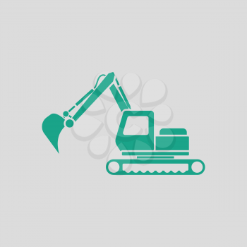 Icon of construction excavator. Gray background with green. Vector illustration.
