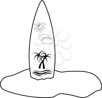 Icon of surfboard sticking into sand beach. Thin line design. Vector illustration.