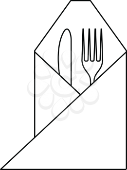 Icon of fork and knife wrapped napkin. Thin line design. Vector illustration.