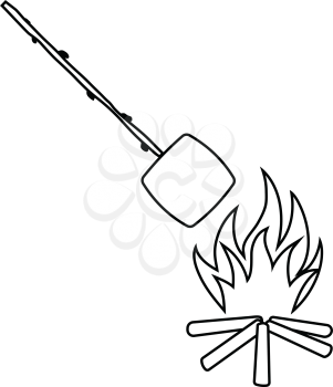 Icon of camping fire with roasting marshmallow . Thin line design. Vector illustration.