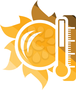 Sun and thermometer with high temperature icon. Flat color design. Vector illustration.