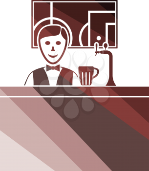 Sport bar stand with barman behind it and football translation on tv icon. Flat color design. Vector illustration.