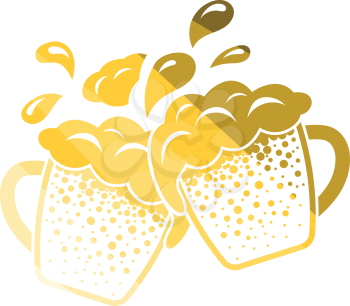 Two clinking beer mugs with fly off foam icon. Flat color design. Vector illustration.