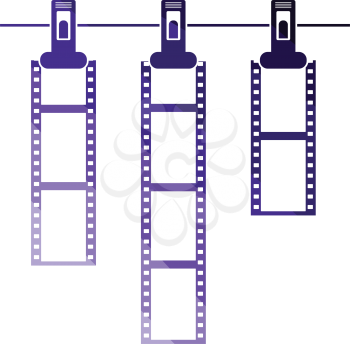 Icon of photo film drying on rope with clothespin. Flat color design. Vector illustration.
