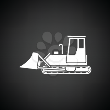 Icon of Construction bulldozer. Black background with white. Vector illustration.