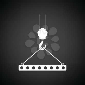 Icon of slab hanged on crane hook by rope slings . Black background with white. Vector illustration.