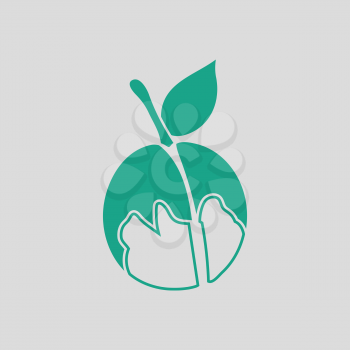 Icon of Peach. Gray background with green. Vector illustration.