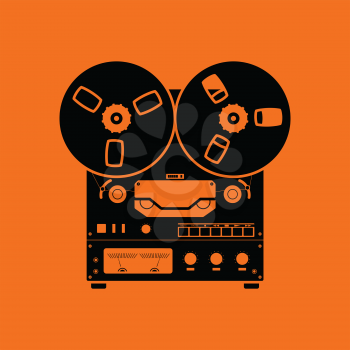 Reel tape recorder icon. Orange background with black. Vector illustration.