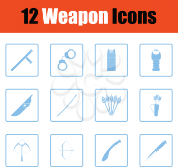 Set of twelve weapon icons. Blue frame design. Vector illustration.