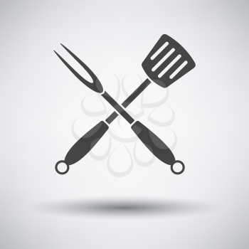 Crossed Frying Spatula And Fork Icon. Dark Gray on Gray Background With Round Shadow. Vector Illustration.
