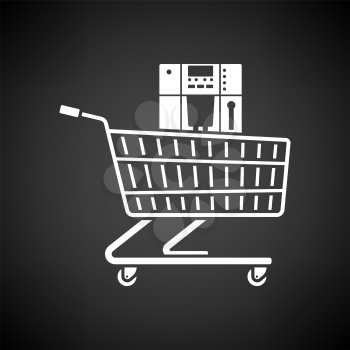 Shopping Cart With Cofee Machine Icon. White on Black Background. Vector Illustration.