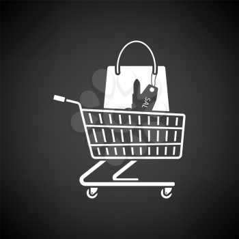 Shopping Cart With Bag Of Cosmetics Icon. White on Black Background. Vector Illustration.