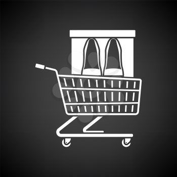 Shopping Cart With Shoes In Box Icon. White on Black Background. Vector Illustration.