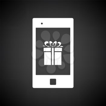 Smartphone With Gift Box On Screen Icon. White on Black Background. Vector Illustration.