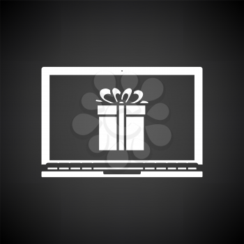 Laptop With Gift Box On Screen Icon. White on Black Background. Vector Illustration.
