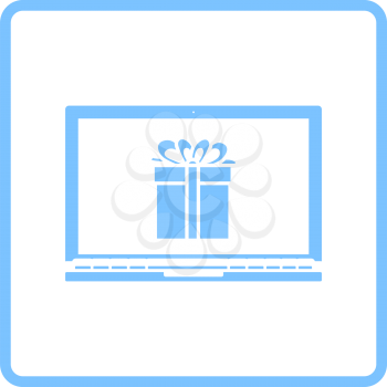 Laptop With Gift Box On Screen Icon. Blue Frame Design. Vector Illustration.