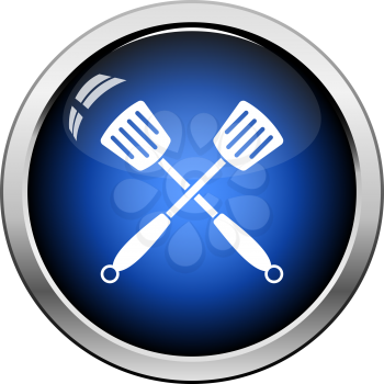 Crossed Frying Spatula. Glossy Button Design. Vector Illustration.