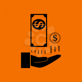 Cash Back To Hand Icon. Black on Orange Background. Vector Illustration.
