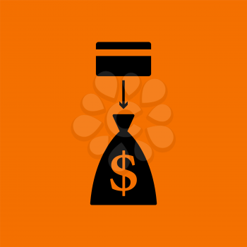 Credit Card With Arrow To Money Bag Icon. Black on Orange Background. Vector Illustration.