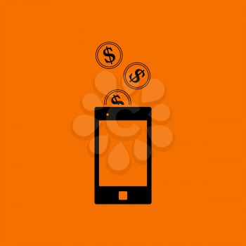 Golden Coins Fall In Smartphone Icon. Black on Orange Background. Vector Illustration.