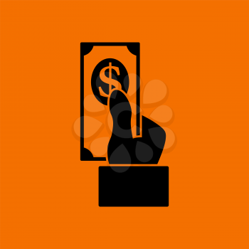 Hand Hold Dollar Banknote Icon. Black on Orange Background. Vector Illustration.