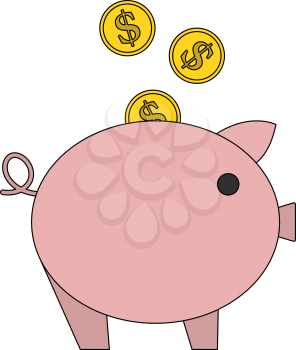 Golden Coins Fall In Piggy Bank Icon. Editable Outline With Color Fill Design. Vector Illustration.