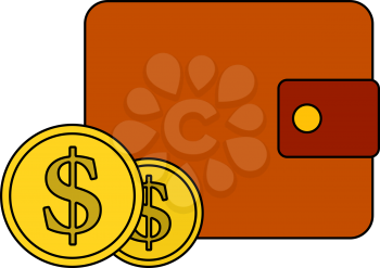 Two Golden Coins In Front Of Purse Icon. Editable Outline With Color Fill Design. Vector Illustration.