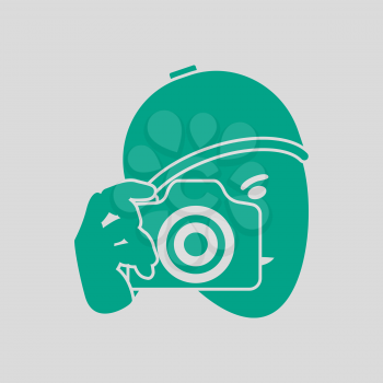 Detective With Camera Icon. Green on Gray Background. Vector Illustration.
