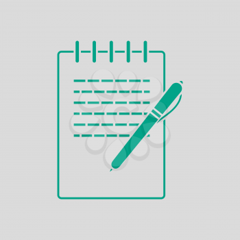 Notebook With Pen Icon. Green on Gray Background. Vector Illustration.