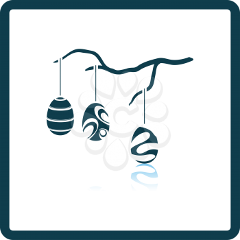 Easter Eggs Hanged On Tree Branch Icon. Square Shadow Reflection Design. Vector Illustration.
