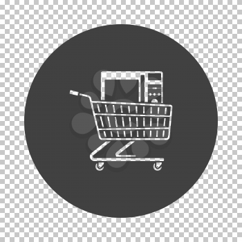 Shopping Cart With Microwave Oven Icon. Subtract Stencil Design on Tranparency Grid. Vector Illustration.