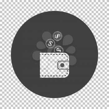 Golden Coins Fall In Purse Icon. Subtract Stencil Design on Tranparency Grid. Vector Illustration.