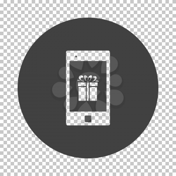 Smartphone With Gift Box On Screen Icon. Subtract Stencil Design on Tranparency Grid. Vector Illustration.